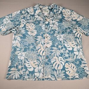 VTG KY's Hawaiian Shirt Mens 2XL Teal Hibiscus Floral Cotton Camp Made in USA